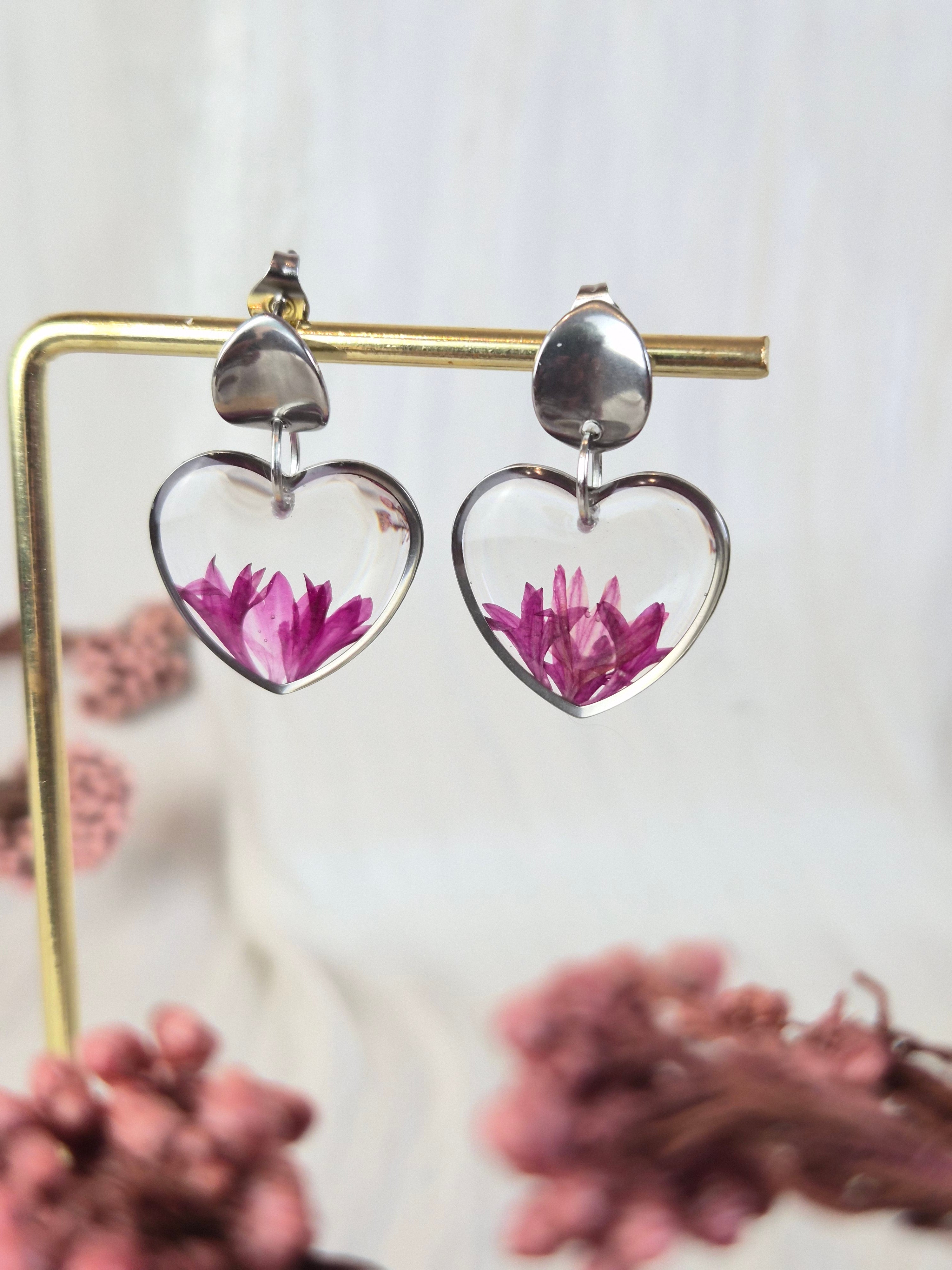 Heart Resin Earrings with Pink Dried Flowers | Handmade Floral Earrings
